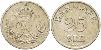 Дания 25 эре 1954 N; S, Фредерик IX (1947-1972) KM 842.1 медно-никель 4402-1241