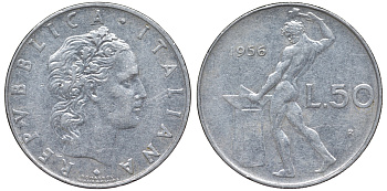 Италия 50 лир 1956 R, бог огня Вулкан у наковальни KM 95.1 нержавеющая сталь 4142-1152