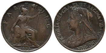 Великобритания 1 фартинг 1895 Виктория (1837-1901) KM 788.1, Spink 3963 бронза 34-932