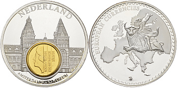 Нидерланды медаль 2003 серия первые монеты еврозоны, 35 гр., 35 мм.,с сертификатом, нидерландский евроцент   серебрение  PROOF  06-027-11