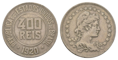 Бразилия 400 реалов 1920 KM 520 медно-никель 4624-1157