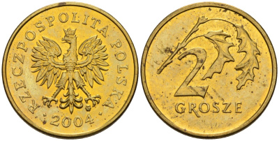 Польша 2 гроша 2004 MW KM 277, Parchimowicz 702k латунь 4580-525