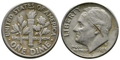 США 10 ЦЕНТОВ = 1 ДАЙМ 1983 D, РУЗВЕЛЬТ KM 195а медь плакированная медно-никелем 57-1227