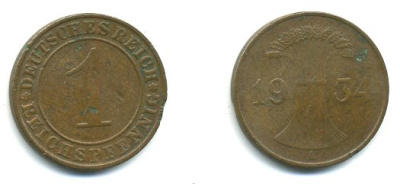 ГЕРМАНИЯ 1 РЕЙХСПФЕННИГ 1934 A KM 37, J.313 бронза 35-155