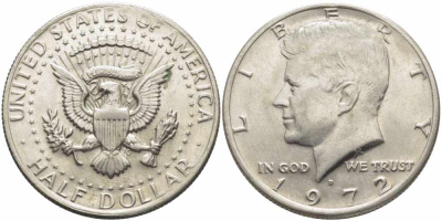 США 1/2 доллара (50 центов) 1972 D, Джон Кеннеди KM 202b медь плакированная медно-никелем 79-111
