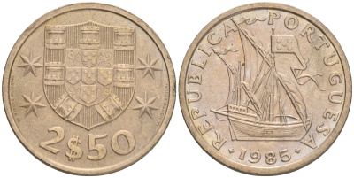 ПОРТУГАЛИЯ 2,5 ЭСКУДО 1985 ПАРУСНИК KM 590 медно-никель 192-818
