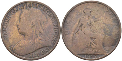 Великобритания 1 пенни 1897 Виктория (1837-1901) KM 790, Spink 3961 бронза 111-1213