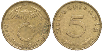 Германия 5 рейхспфеннигов 1938 A KM 91, J. 363 алюминиевая бронза 4602-1255