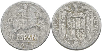ИСПАНИЯ 10 СЕНТИМО 1940 РЫЦАРЬ НА КОНЕ KM 766 алюминий 213-112