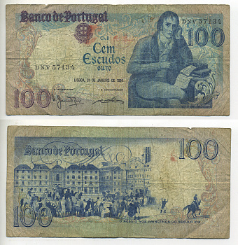 ПОРТУГАЛИЯ 100 ЭСКУДО 1984 31 ЯНВАРЯ 1984, МАНУЭЛЬ МАРИЯ БАРБОЗА ду БОГАЖЕ, ПОРТУГАЛЬСКИЙ ПОЭТ Pick 178с бумага 7553-1-2