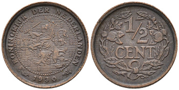 Нидерланды 1/2 цента 1930 Вильгельмина (1890-1948) KM 138 бронза 4576-439