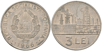 Румыния 3 лея 1966 KM 96 сталь плакированная никелем 4601-641
