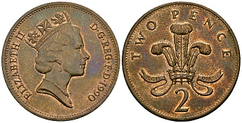 Великобритания 2 пенса 1990 Елизавета II (1952-2022) KM 936, Spink 4376 (C3) бронза 4607-842