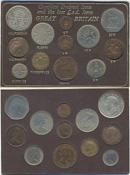 Великобритания набор из 12 монет (1/2, 1, 2, 3, 5, 6, 10 и 50 пенсов; 1 флрин, 1/2 кроны) 1933-1978 набор посвящен переходу Великобритании на десятичную денежную систему 8-2-06-25