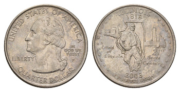 США 25 центов (квотер, 1/4 доллара) 2003 P, Квотер штата Иллинойс KM 343 медь плакированный медно-никелем UNC 4628-1233