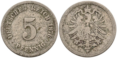 Германия 5 пфеннигов 1876 A, старогербовка KM 3, J. 3 медно-никель 4151-356