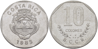 Коста-Рика 10 колонов 1983 B.C.C.R. KM 215.1 нержавеющая сталь 82-113
