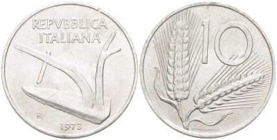 ИТАЛИЯ 10 ЛИР 1973 R, КОЛОСЬЯ, ПЛУГ KM 93 алюминий 4513-723
