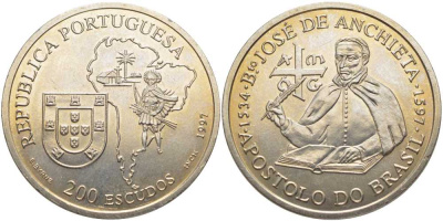 Португалия 200 эскудо 1997 400 лет со дня смерти Хосе де Анчьета KM 699 медно-никель UNC 107-1013