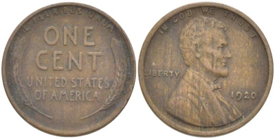 США 1 ЦЕНТ 1920 ЛИНКОЛЬН KM 132 бронза 218-752