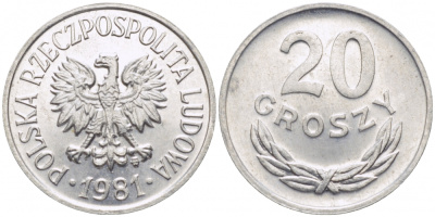 ПОЛЬША 20 ГРОШЕЙ 1981 MW KM А47 алюминий UNC 4448-911