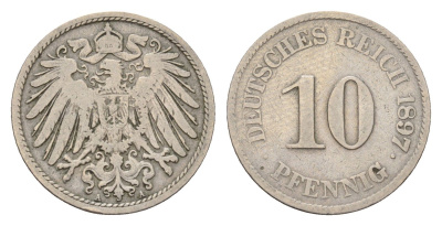 Германия 10 пфеннигов 1897 A, Вильгельм II (1888-1918) KM 12, J. 13 медно-никель 4636-1167