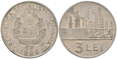 Румыния 3 лея 1966 KM 96 сталь плакированная никелем 4601-641