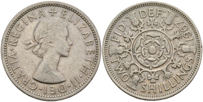 Великобритания 2 шиллинга (флорин) 1967 Елизавета II (1952-2022) KM 892, Spink 4138 медно-никель 4150-745