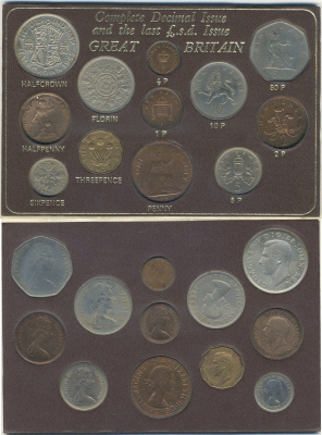 Великобритания набор из 12 монет (1/2, 1, 2, 3, 5, 6, 10 и 50 пенсов; 1 флрин, 1/2 кроны) 1933-1978 набор посвящен переходу Великобритании на десятичную денежную систему 8-2-06-25