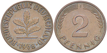 ФРГ 2 ПФЕННИГА 1968 J KM 106а, J. 381а сталь плакированная сталь плакированная медьюю 4181-754