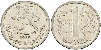 Финляндия 1 марка 1965 S KM 49 серебро 4582-1252