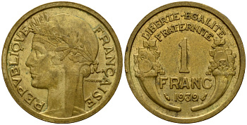 Франция 1 франк 1939 тип Морлон KM 885, LE FRANC 219.10 алюминиевая бронза 4601-732
