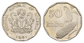 Нигерия 50 кобо 1991 KM 13.1 сталь плакированная никелем UNC 4642-123
