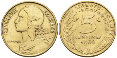Франция 5 сантимов  1966 тип Марианна KM 933 никель алюминий медь 4115-252