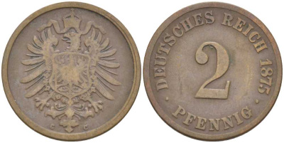 ГЕРМАНИЯ 2 ПФЕННИГА 1875 С, СТАРОГЕРБОВКА KM 2, J. 2, Weege 3 медь 212-525