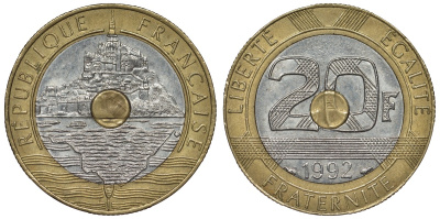Франция 20 франков 1992 Мон-Сен-Мишель KM 1008.2, Le Franc 403.2 триметалл 4123-643