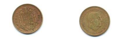 ИСПАНИЯ 1 ПЕСЕТА 1966 (68) ХУАН КАРЛОС I (1975-) KM 796 алюминиевая бронза 54-543