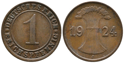 ГЕРМАНИЯ 1 РЕЙХСПФЕННИГ 1924 J KM 37, J. 313 бронза 39-849