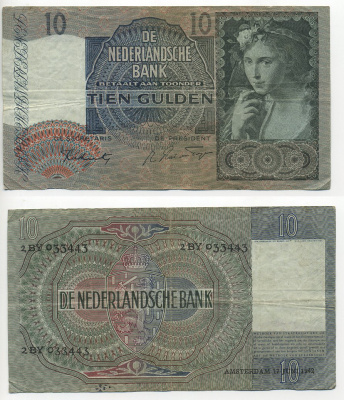 НИДЕРЛАНДЫ 10 ГУЛЬДЕНОВ 1942 Pick 56b бумага 6301-2-3