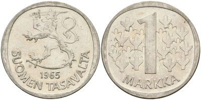 Финляндия 1 марка 1965 S KM 49 серебро 4582-1252