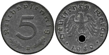 ГЕРМАНИЯ 5 РЕЙХСПФЕННИГОВ 1940 В KM 100, J. 370 цинк 112-714