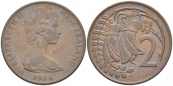 Новая Зеландия 2 цента 1974 Елизавета II (1952-2022), два цветка кохаи KM 32.1 бронза 214-842