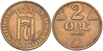 НОРВЕГИЯ 2 ЭРЕ 1939 ХОКОН VII (1905-1957) KM 371 бронза 119-917