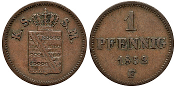 САКСОНИЯ 1 ПФЕННИГ 1852 ФРИДРИХ АВГУСТ II KM 1155, AKS 112, J. 79 медь 75-113