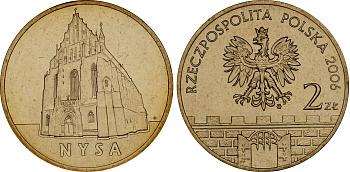 Польша 2 злотых 2006 MW, серия польские города, Ныса (Nysa) KM 570 нордик UNC 4676-431