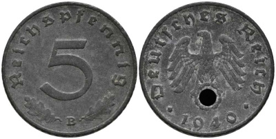 ГЕРМАНИЯ 5 РЕЙХСПФЕННИГОВ 1940 В KM 100, J. 370 цинк 112-714