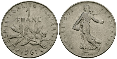 Франция 1 франк 1961 сеятель KM 925 никель 4135-815