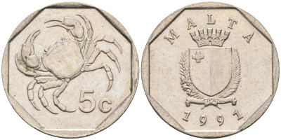 Мальта 5 центов 1991 краб KM 95 медно-никель 4588-118