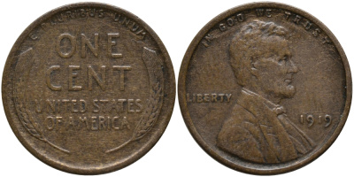 США 1 ЦЕНТ 1919 ЛИНКОЛЬН KM 132 бронза 4396-568
