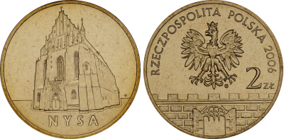 Польша 2 злотых 2006 MW, серия польские города, Ныса (Nysa) KM 570 нордик UNC 4676-431